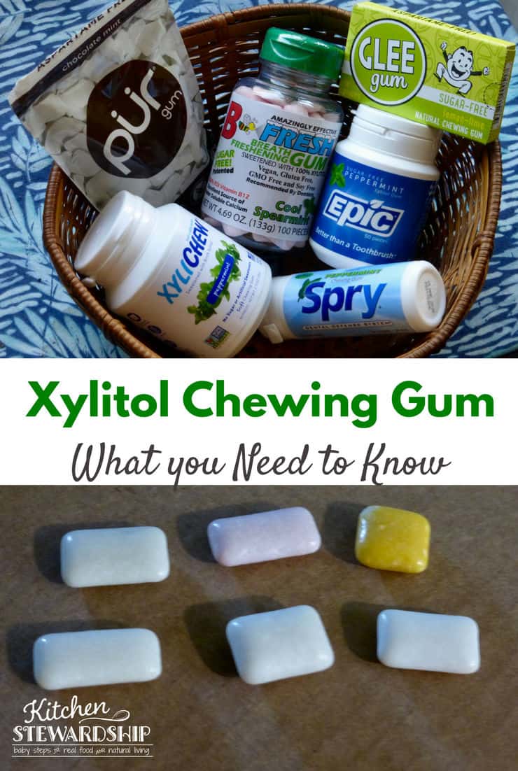 Basket of chewing gums with xylitol. Pur, B-fresh, Xylichew, Epic, Glee, and Spry and all of the them out on the counter.