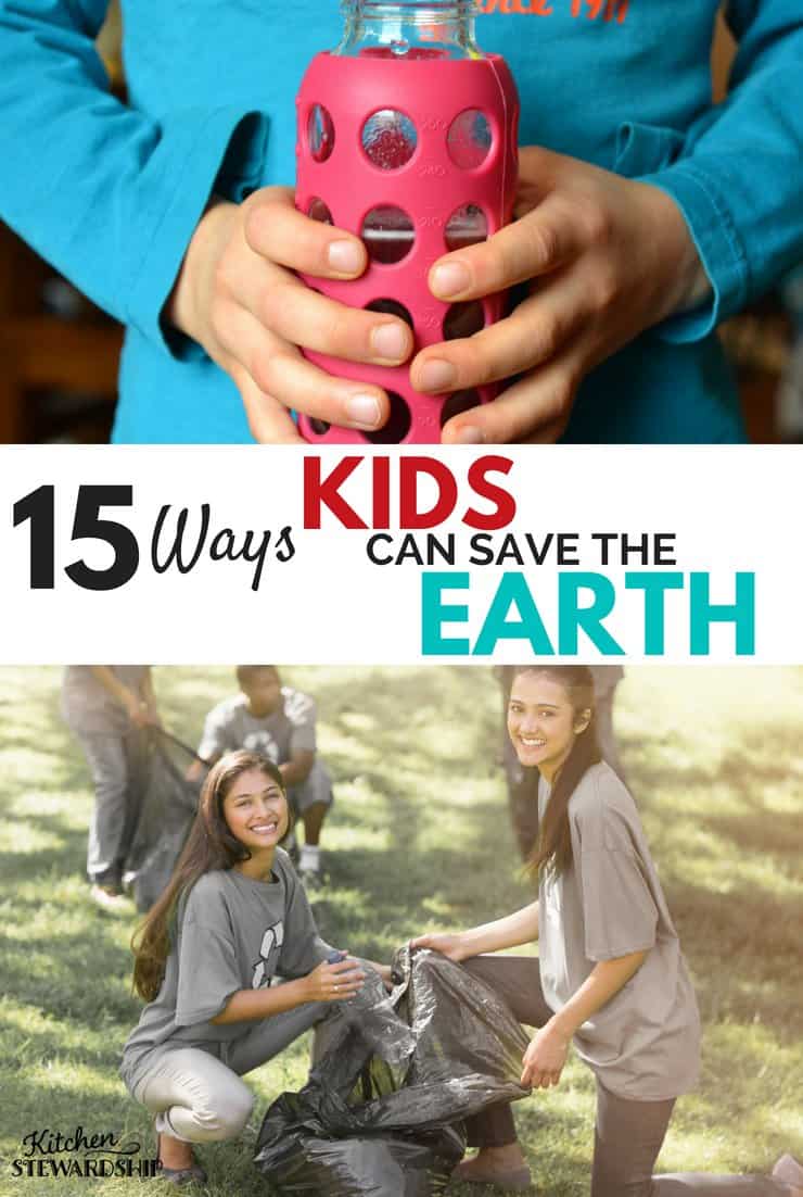 Kids cleaning up trash in a park and using a glass reusable water bottle. 