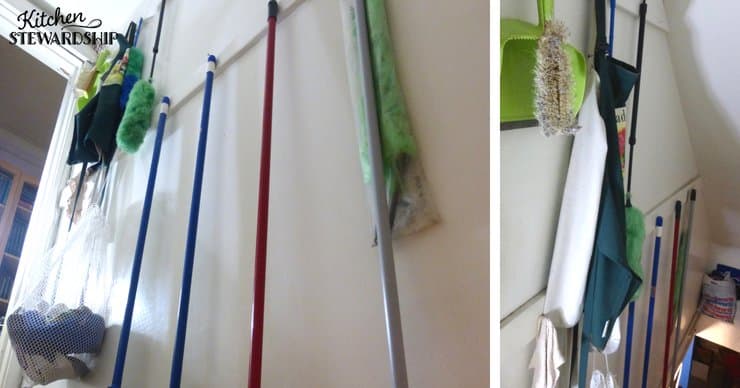 Using wall stairwell space to hang cleaning supplies. 