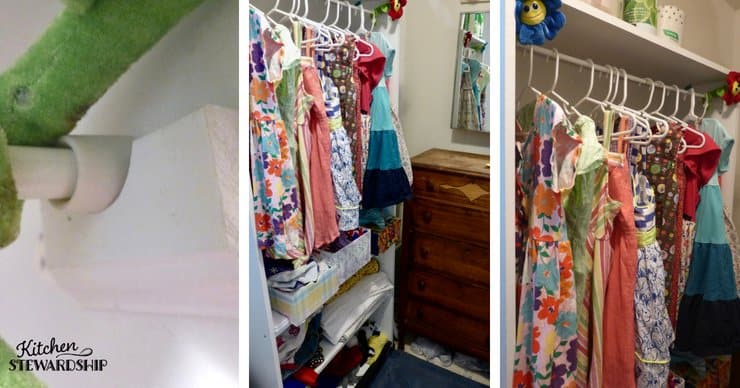 Adding a tension rod to a shelving unit to make a closet.