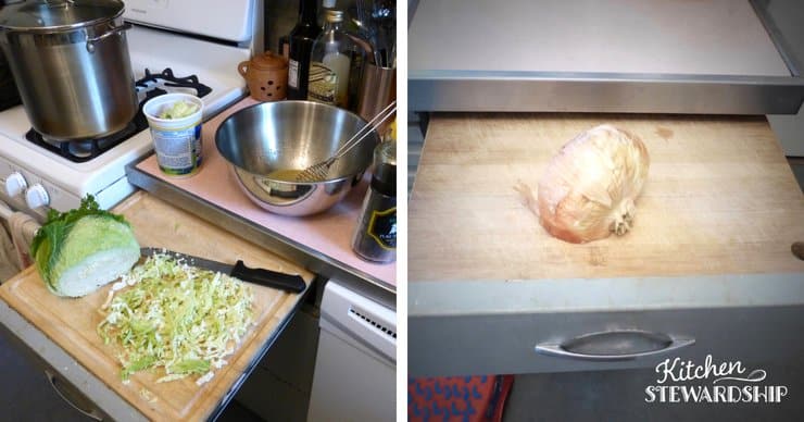 Placing a cutting board in a drawer to add counter space while cooking. 