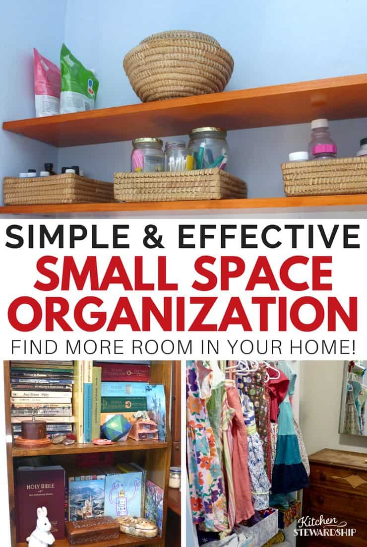 Using baskets to organize bathroom shelves. Stacking books efficiently and using a shelving unit as a closet. 