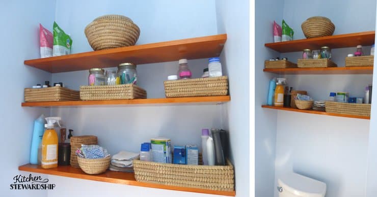 Using baskets on open bathroom shelves to keep them organized and looking nice. 
