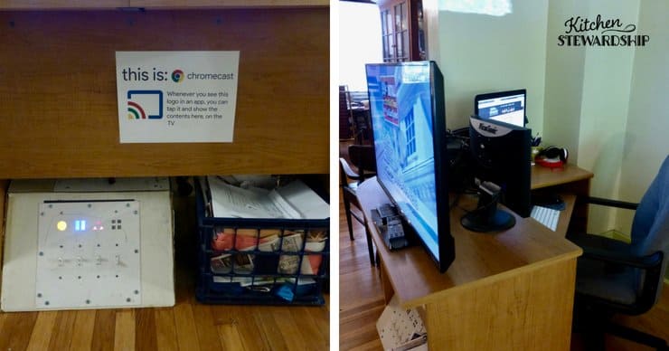 Storage under a corner desk. Using the corner desk for computer and tv.