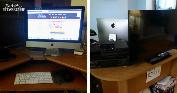 Using a corner table mid room to have a desk and tv stand in one area. 