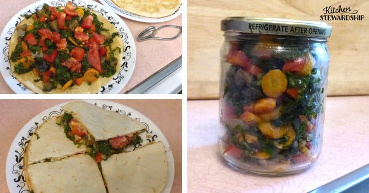 Cooked vegetables in a jar used in a homemade quesadilla. 