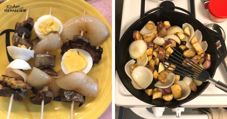Onion, eggplant and hard boiled egg kabobs 