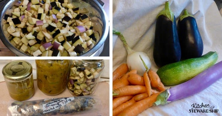 Cooking eggplant; chopped raw in a bowl, cooked and preserved with carrots, onion and zucchini in jars. 