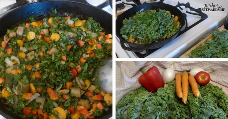 cooking vegetables; kale, tomato, carrots, onion and red bell pepper. 