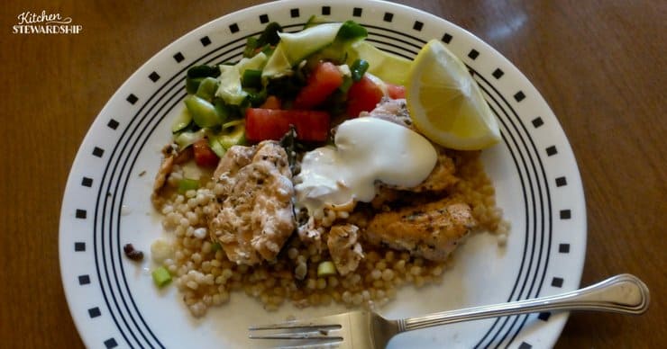 Using CSA vegetables in dinner; salad, and chicken over couscous 