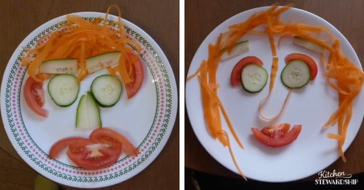 Using fresh vegetables to make kid-friendly smiling salads.
