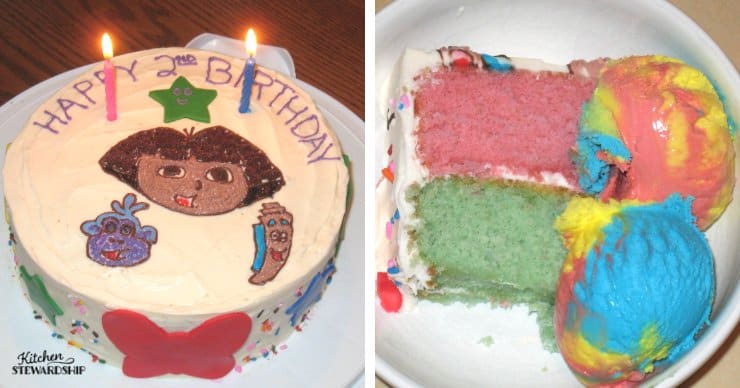 Dora 2nd birthday cake with rainbow ice cream - food dyes, especially red dyes in food, have been linked to problematic behavior issues in children.