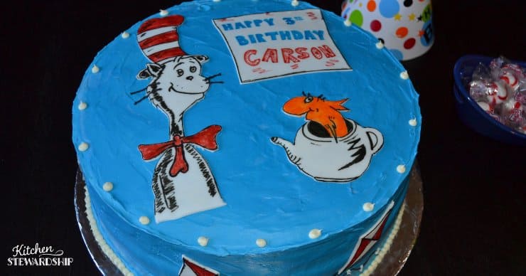 Dr. Suess birthday cake with bright blue frosting