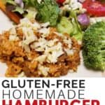 gluten-free hamburger helper and vegetables on a dinner plate