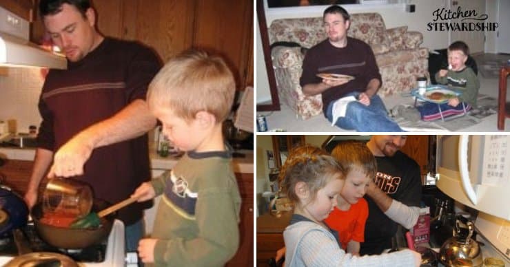 kids helping dad make homemade hamburger helper 
