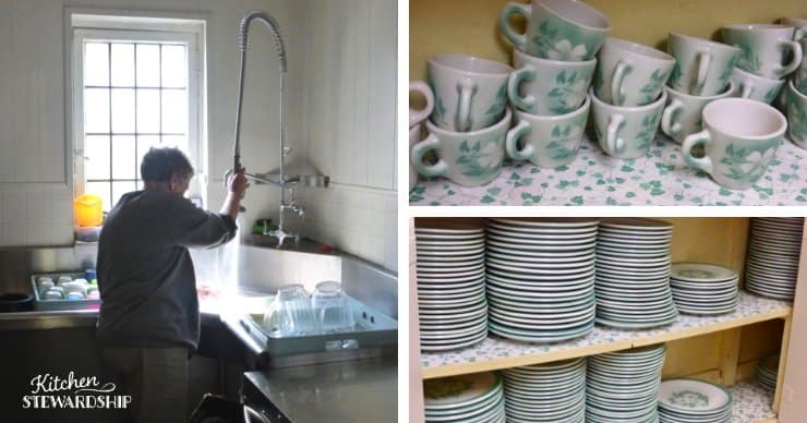 washing dishes and stacks of glass mugs and plates.