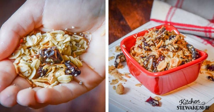 hand and bowl of Gluten-Free Sweet and Salty Snack Mix 