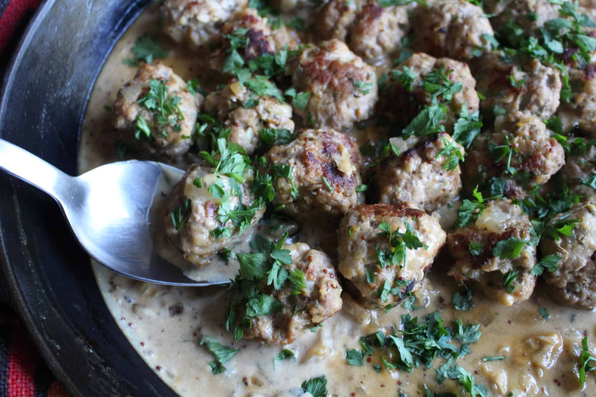 Swedish meatballs in a cast iron pan