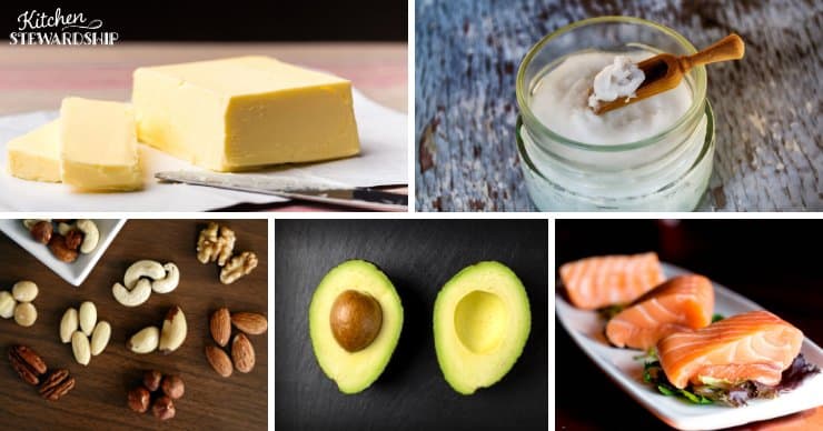 Different kinds of healthy fats; grass-fed butter, coconut oil, nuts, avocado, salmon