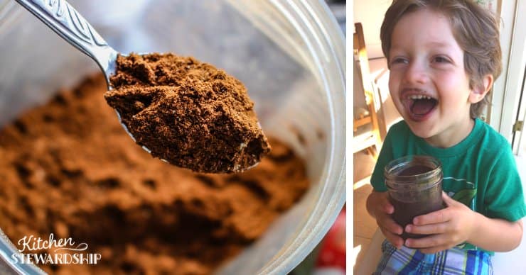 cocoa powder and a boy happily eating chocolate