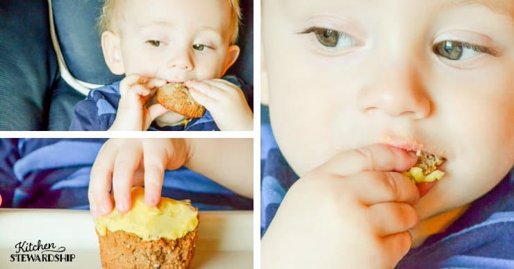 one-year-old eating parsnip cupcakes