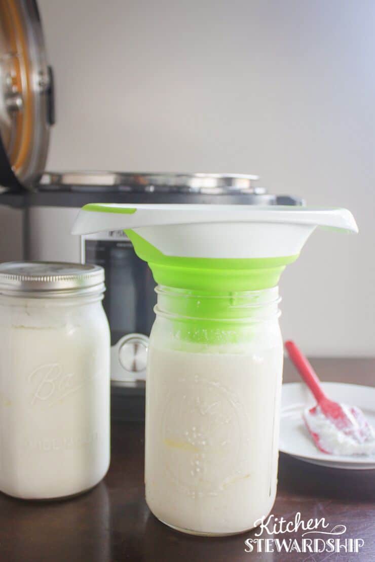 Homemade yogurt being put into jars