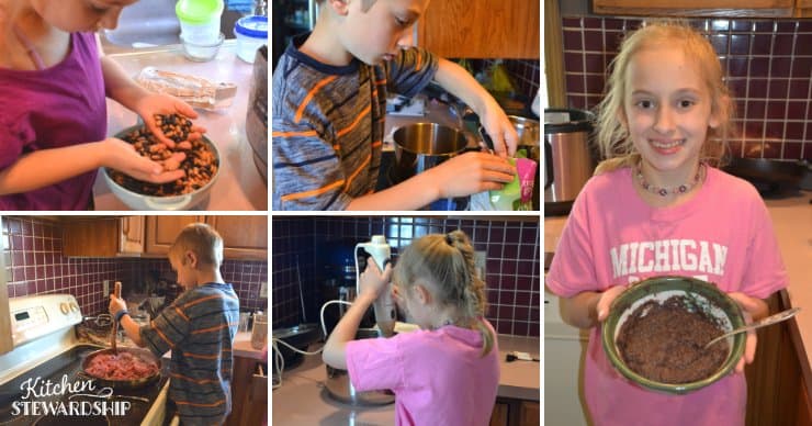 Kids making beans and taco meat