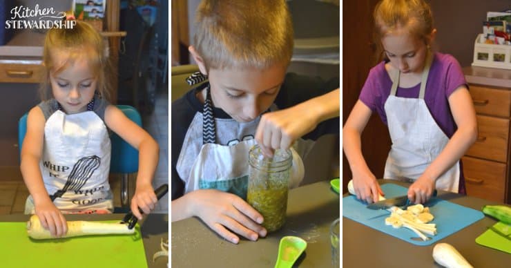 Kids cooking, chopping vegetables