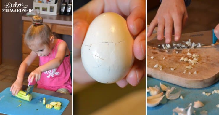 Kids chopping vegetables and peeling eggs