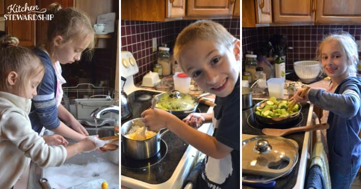 Kids washing dishes and cooking at the stove