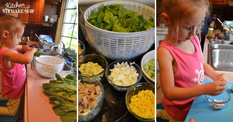 Kid preparing salad ingredients
