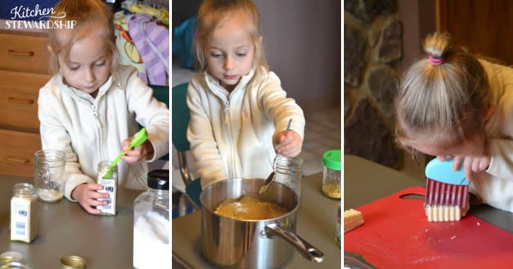 Child mixing seasonings and slicing cheese