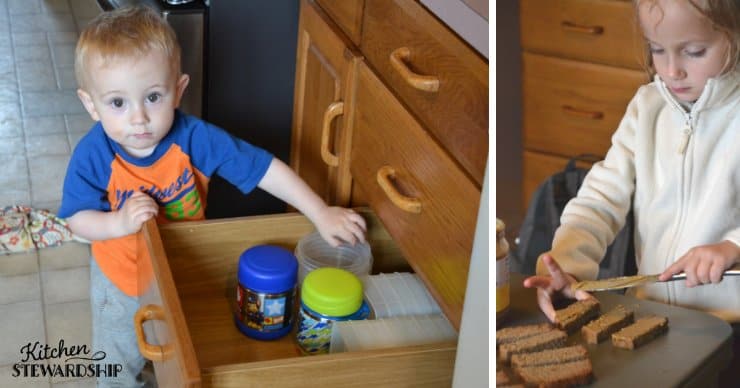 Toddler playing with cups and older child spreading sunbutter on bread