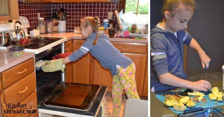 Kid using the oven and chopping apples safely