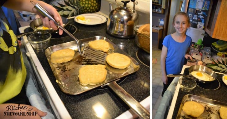 Kids cooking eggs and pancakes