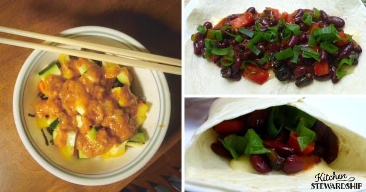 Cooked veggies and a burrito