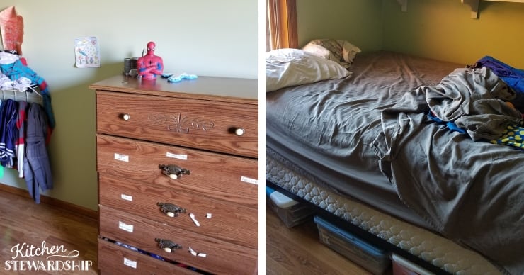 Clear dresser and unmade bed