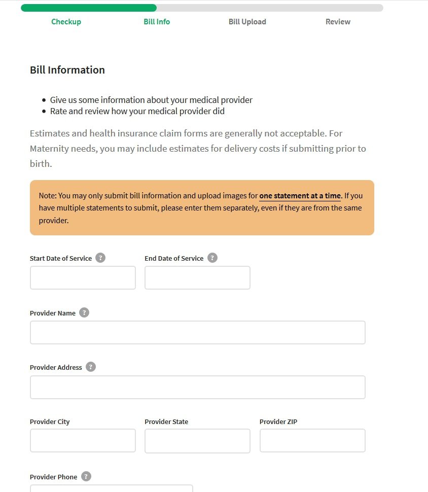 Bill entry page on Samaritan Ministries