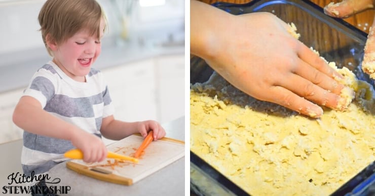 small child peeling carrot, hands pressing dough into pan