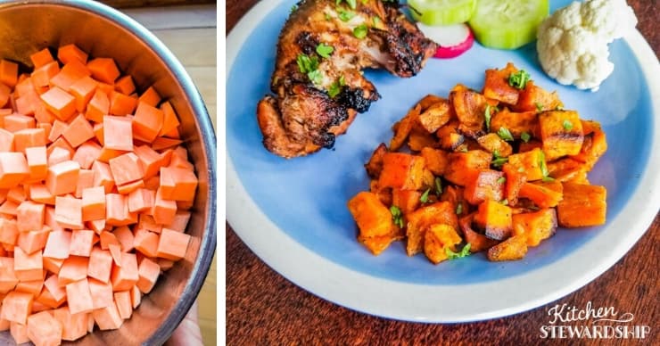 Sweet potatoes before and after roasting