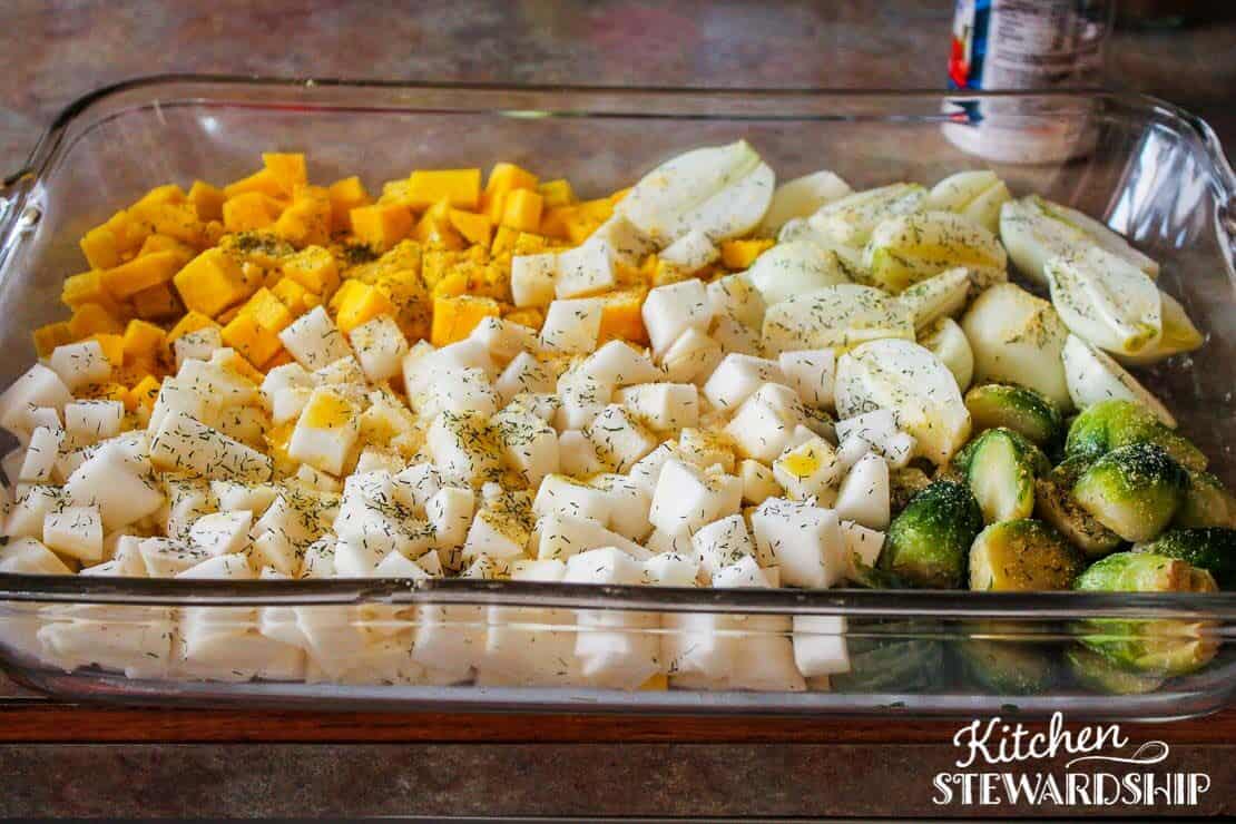 Veggies ready for roasting (golden beets, turnips, onions, Brussels sprouts)