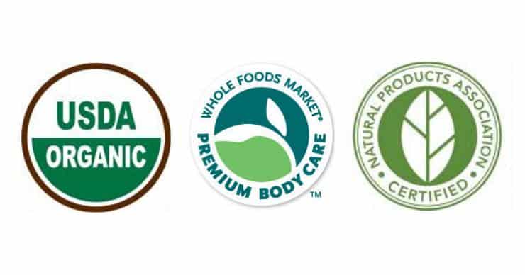 USDA Organic, Whole Foods Market Premium Body Care, and Natural Products Association Certified Logos