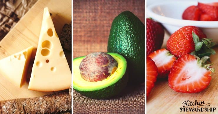 Cheese, avocado, and strawberries - healthy snack options