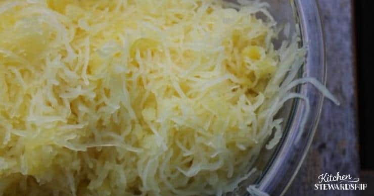 Shredded spaghetti squash in a bowl. 