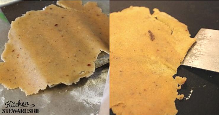 Making the keto tortillas recipe - keto tortillas rolled flat and on the cooking surface