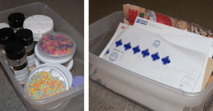 organizing mail and sprinkles with shoe boxes