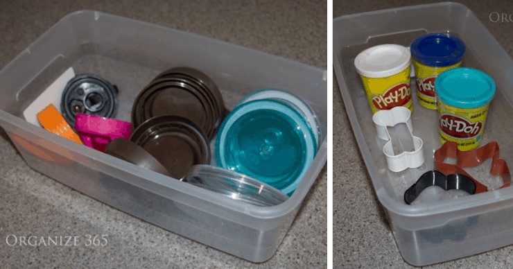 organize play doh and lids with shoe boxes