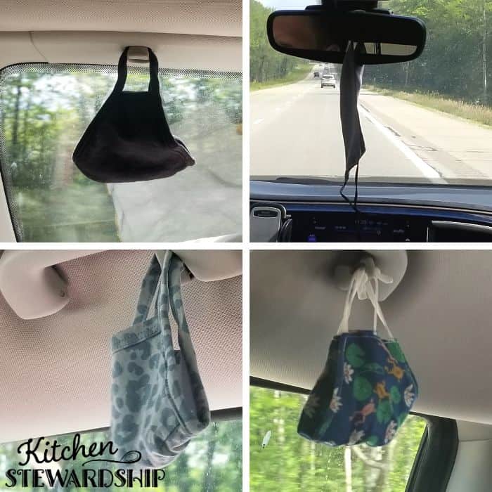cloth masks hanging up in the car