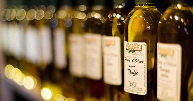 Bottles of olive oil in a row