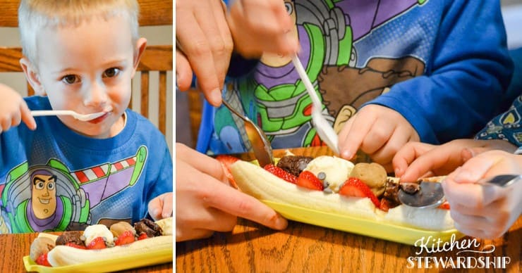 kid eating a banana split